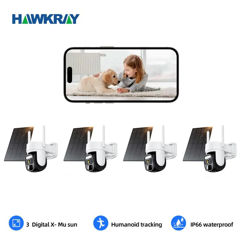 Hawkray 360Solar WiFi Monitoring Camera 2PC - 1296p 2K FHD, Spotlight PIR Motion Detection, Color Night Vision, 2-Way Talk, IP66 Waterproof, Wireless CCTV IP Cam, Flash Light, Remote 4PC, Card Connection