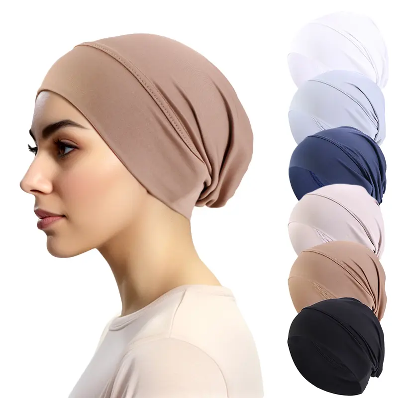 6pcs Solid Color Women Muslim Hijab Caps Wrap Elastic Turban Bonnet Chemo Cap Headdress Wearable summerwins