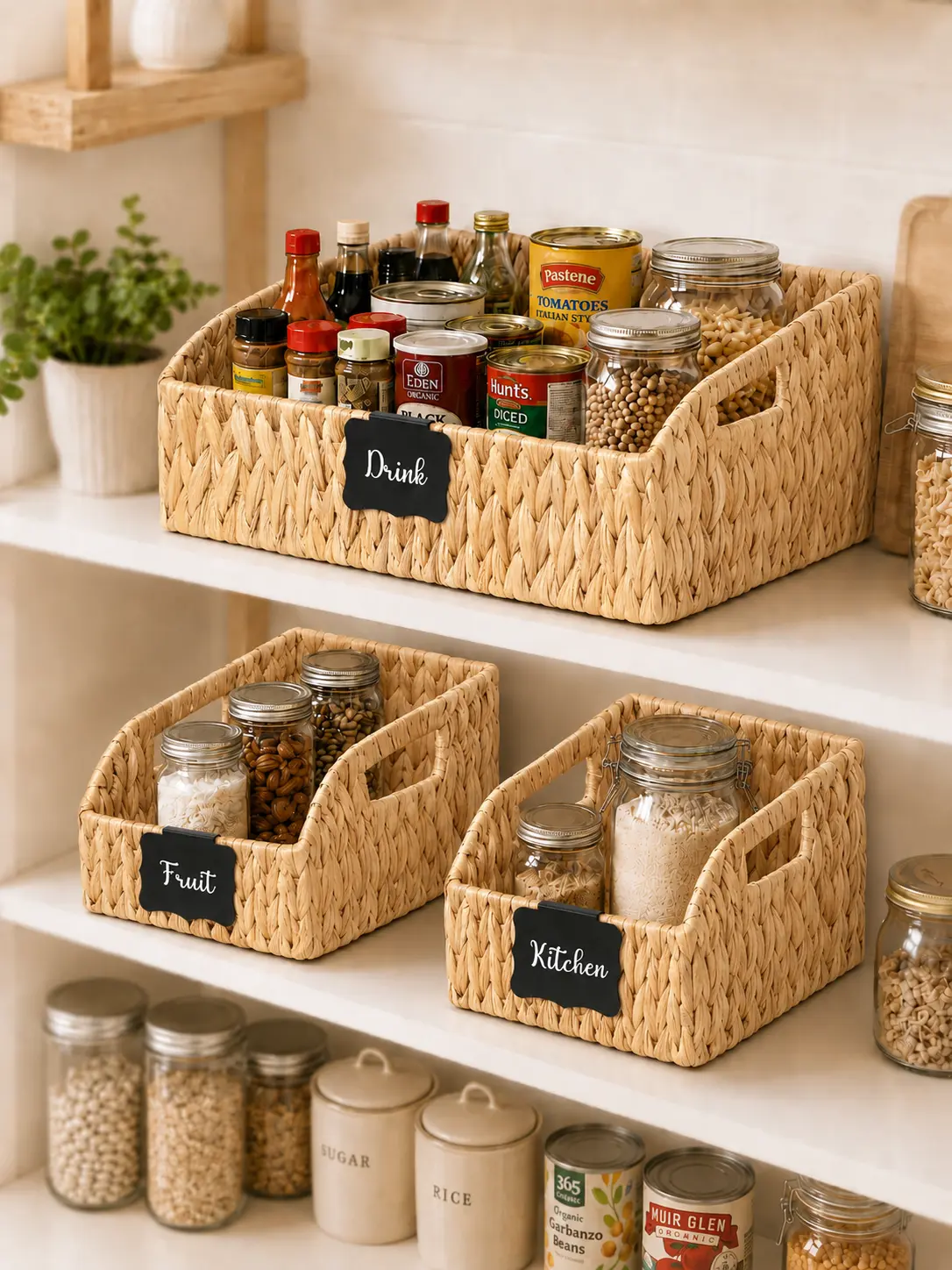 STYLAVE Handwoven Water Hyacinth Storage Baskets, 3 Pack Slanted Front Pantry Organizers with Handles and Chalkboard Labels, Natural Wicker Bins for Shelves, Kitchen, Closet, Bathroom and Laundry Room