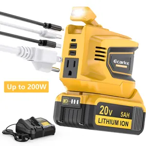 Power Station 200W Portable Power Inverter Generator Compatible with Dewalt 20V, Power Bank 20v to AC 110v,Supply Charger Adapter with Dual USB,AC Outlet and Type-C with 5Ah Battery & Charger Station Kit