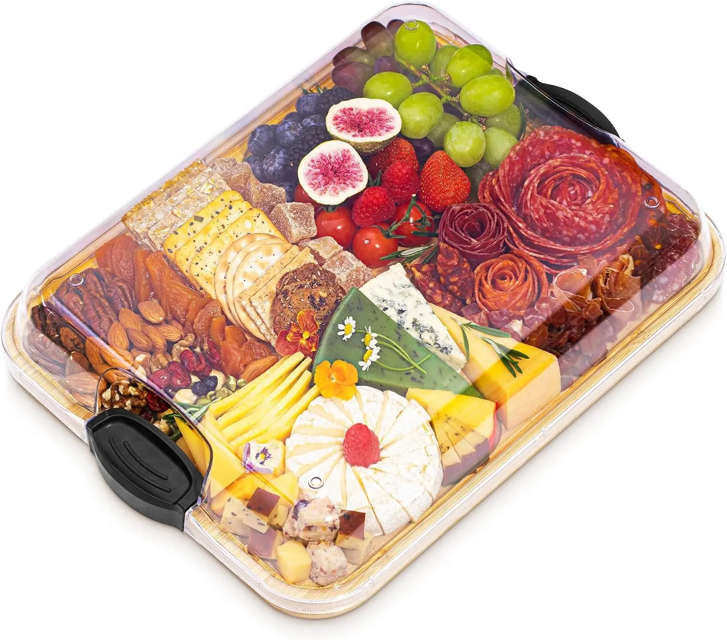 Yes4Quality Wooden Kitchen Charcuterie Board with Lid - Large Acacia Wood Serving Board with Dome Cover, Handles, Juice Groove, Generous Space & Lid Protection, Gift-Ready for Thanksgiving, Holidays, Charcuterie Boards