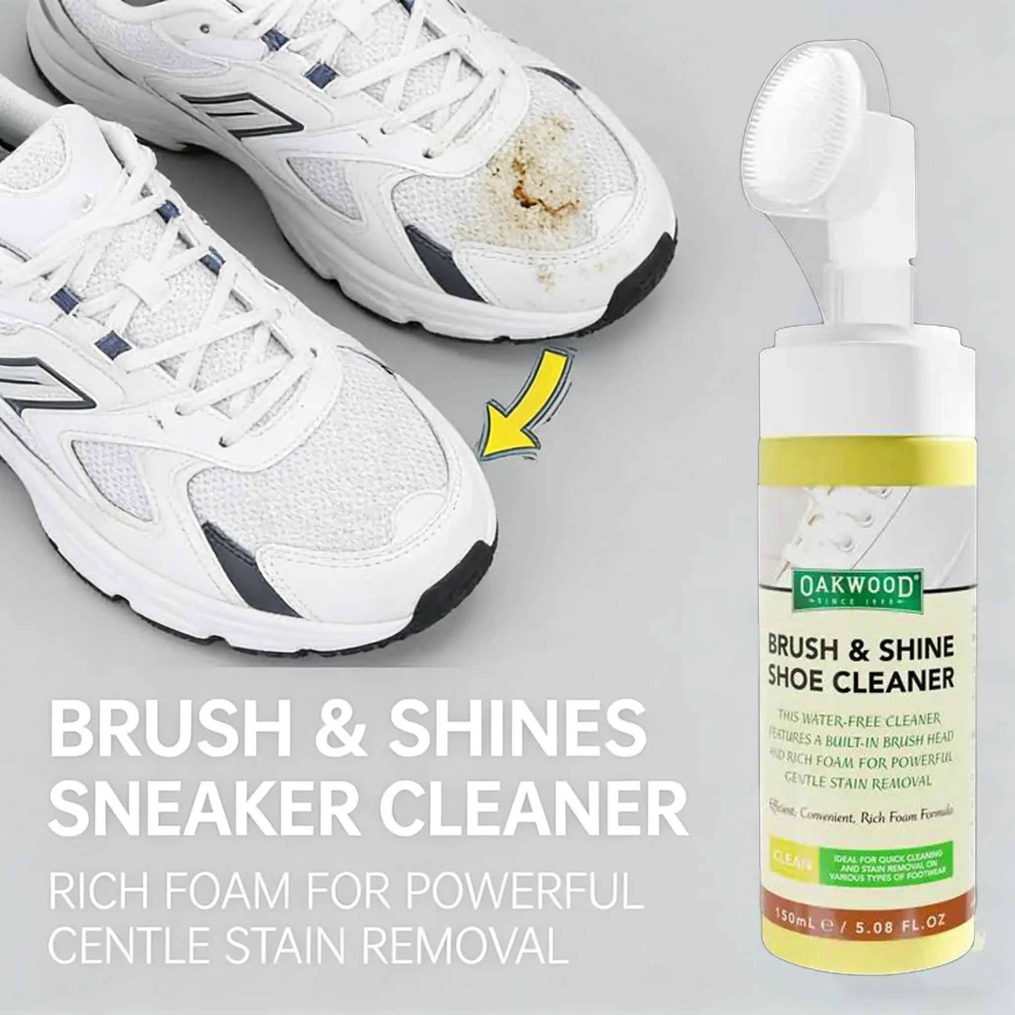 OAKWOOD White Shoe Cleaner with an all-in-one brush head.Powerful stain removal, ideal forleather, silicone, and car interiors. Gentle, non-irritating, and eco-friendly