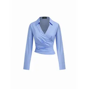 Cider Women's 100% Cotton Blouse, Collar V-Neck, Wrap Design, Ruched Cinched Waist Shirt