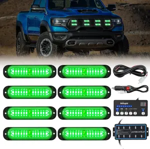 Nilight 8PCS LED Strobe Lights with Controller 12V 24V Sync Feature Green Strobe Light 12 LED Surface Mount for Vehicle Car Truck RV ATV Automotive