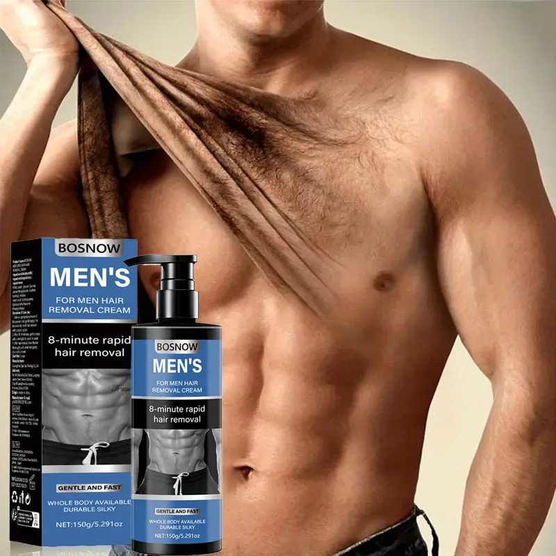 BOSNOW Men's Hair Removal Cream with Glycerol & Peach Extract - 8-Minute Rapid Removal, Gentle on Skin, Full-Body Usable for Chest, Legs, Armpits & Face, Long-Lasting Smooth Silky Skin, Moisturizing & Mild Formula - 150g/5.291oz