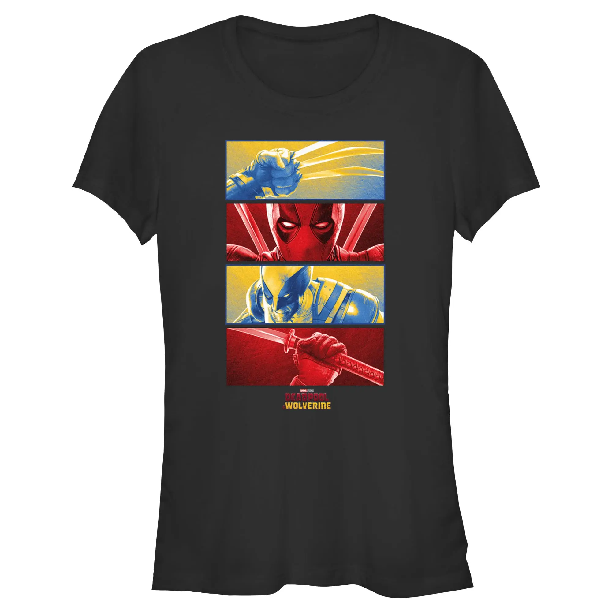 Women's Junior High Quality Materials Deadpool & Wolverine Officially Licensed Apparel, Graphic Print Red-Yellow Panels T-Shirt, Machine Washable, Tumble Dry Low