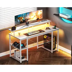 48 inch Gaming Desk with LED Lights & Power Outlets, Computer Desk with Monitor Stand & Storage Shelves, CPU Stand, Home Office Desk, White