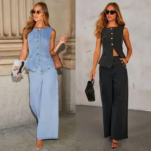 Fashionable and Elegant New Button Sleeveless Vest and Wide-Leg Jeans Denim Set