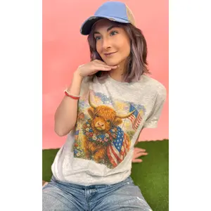 Tees2urdoor Women's Cotton Fitted Shortsleeve Round Neck Graphic Tshirt - Farming Freedom Highland Cow Patriotic Print, Casual Streetwear Everyday Clothes for Day Wear