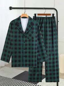 Men's Plaid Checked Pajama Set - Green & Black Long Sleeve Button-Up Sleepwear with Collar & Pocket, Soft Comfortable Fitted 2-Piece Loungewear for Daily Use Wear for Spring & Fall