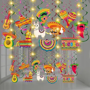 56 Pcs Mexican Fiesta Hanging Decorations with Lights Cinco De Mayo Hanging Swirls Taco Party Guitar Sombrero Chili Cutouts Mexican Ceiling Streamers Fiesta Birthday Party Supplies Favors