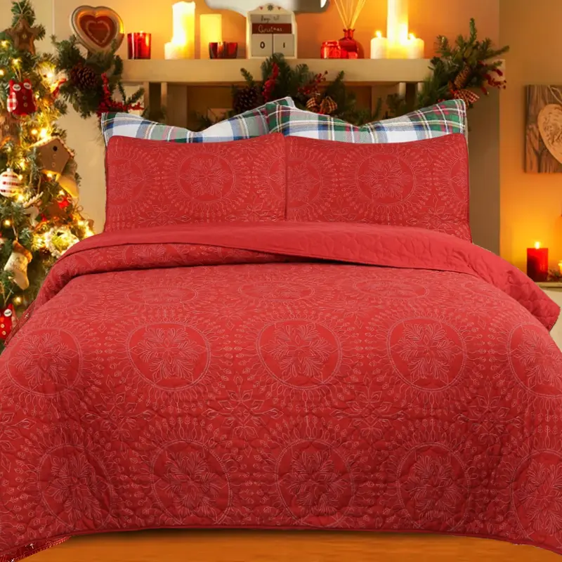 Queen-King Size 3-Piece Decorative Bedding Bed Set - Red Medallion Geometric Print Christmas Quilt, Holly Berry Tree Design, Polyester Fabric Flat Weave, Wrinkle Resistant for Christmas Cheer, with Pillowcases