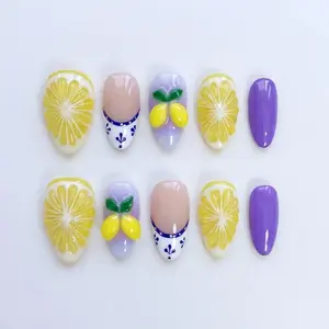 Lemon Olive Porcelain Press On Nails｜Sicilian Lemon Pastel Nails｜Italian Citrus Lavender Nails｜Mediterranean Fruit Accent Nail｜Lavender Nail