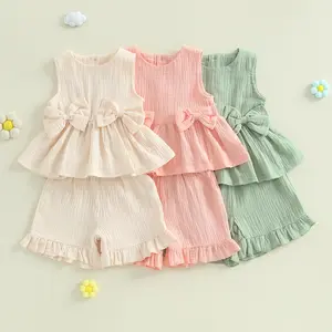 REDWOON Toddler Girl Summer Clothes Baby Solid Linen Outfit Bows Ruffle Tank Tops Shirts + Ruffled Short Set
