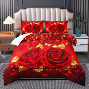 Bottom Gold Leaf Rose Quilt Set, 3 Piece Bedding with Inner Core, Pillowcases Included, Romantic Bedroom Decor, Eye-Catching Atmosphere