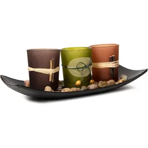 Decorative Votive Candle Holders, Vintage Decor Flameless Candlescape Set, 3 LED Tea Light Candles, Rocks and Tray - Fall Table Decor (Earth Tones)