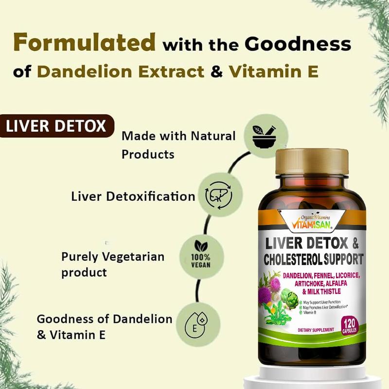 Vitamisan Liver Detox & Cholesterol Support 120 Capsules with Dandelion Fennel Licorice Artichoke Alfalfa Milk Thistle for Optimal Health