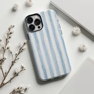Ocean Blue Stripe, Beach Shore Rugged Summer 2-in-1 Case with a durable, shock-absorbing, protective, stylish, Aesthetic design. Compatible with iPhone 11, 12, 13, 14, 15, 16 Pro Max and Pro Plus Series Creative New Case Cover