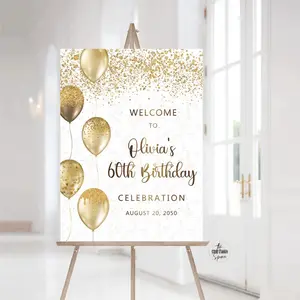 60th Birthday Party Sign, 50th Birthday Welcome Sign, 70th Birthday Celebration Sign, Balloons Birthday Sign, Black and Gold Birthday Sign
