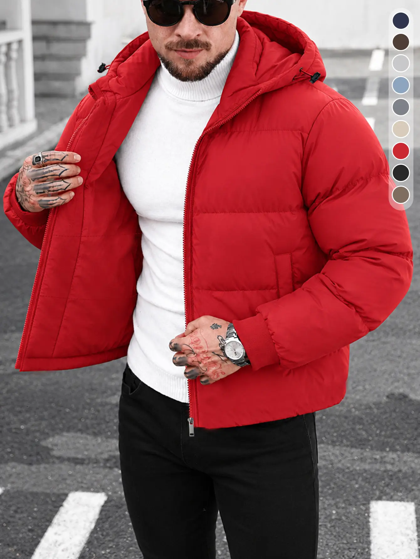 Men Solid Color Hooded Puffer Jacket Full Zip Rib Cuff Drawstring Hood Warm Winter Casual Street Outerwear