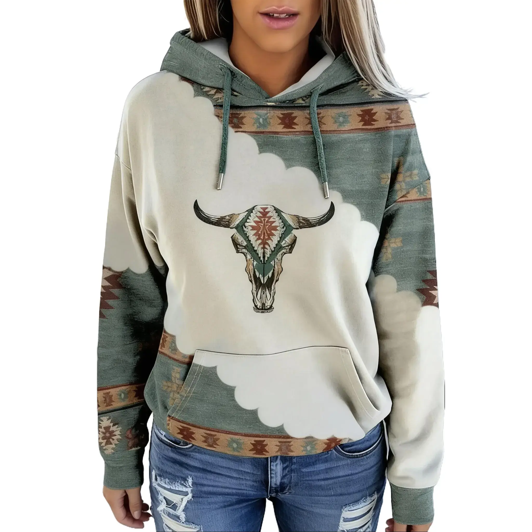 Women's Vintage Highland Bull Head Print Aztec Hoodie Pullover Cowgirl Western Hooded Sweatshirt with Kangaroo Pockets