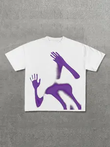 Men's Regular Fit Purple Hand Print Round Neck Tee, Street Fashion Casual Short Sleeve T-shirt for Daily Wear, Men's Summer Clothes, Menswear, Top