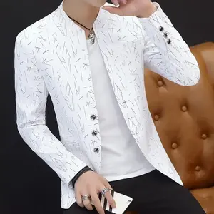 Men's printed small suit men's Korean style slim stand collar Zhongshan suit casual suit thin jacket youth Blazer Classic Formal Menswear Basic Day Can be used with raincoat