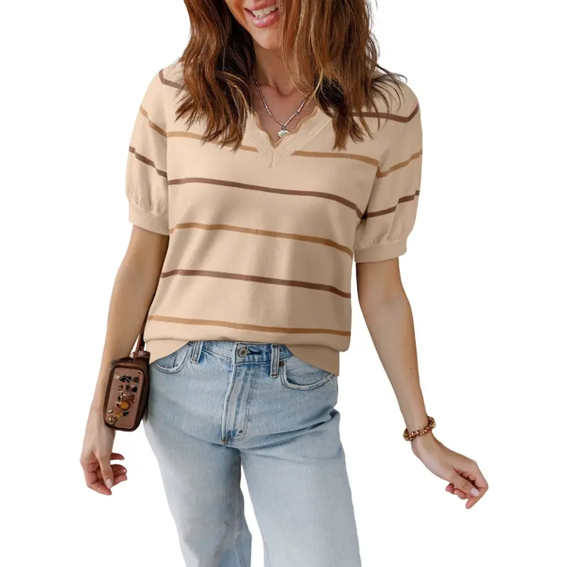 DOKOTOO Women's Striped Casual Sweater, New Summer Style, Fashionable Loose Knitted Pullover, Short-Sleeve Knitted Sweater