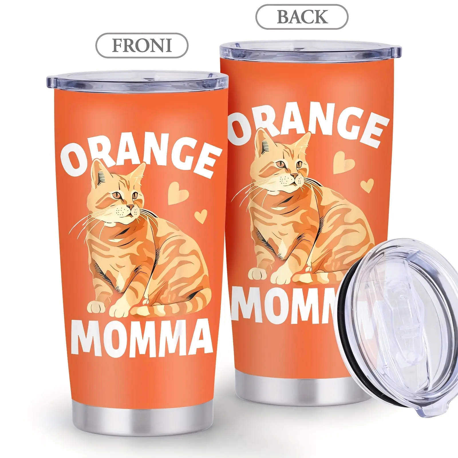 20oz (500-1,000 ml) Portable Stainless Steel Tiger-Spotted Orange Cat Vacuum Flask Tumbler with Lid, Cute Adult Casual Drinkware, Ideal Christmas Gift for Kitchenware Use, Adults