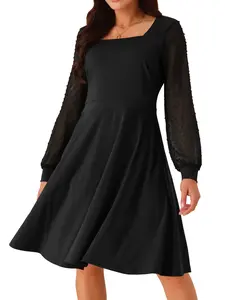 INSPIRE CHIC Long Sleeve Square Neck High Waist Flowy Casual Knee Length Dress with Pockets