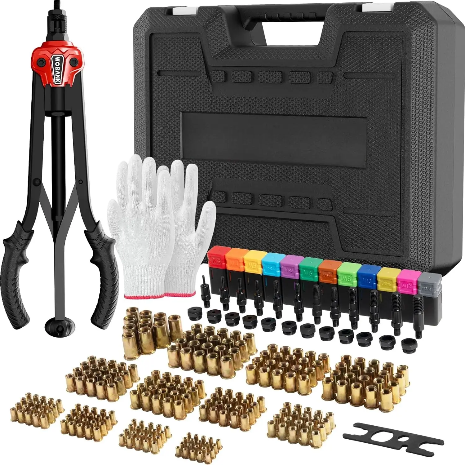 Rivet Nut Tool, 16" Heavy Duty Rivnut Tool Kit with 12PCS Metric/SAE Mandrels, 230PCS Rivet Nuts, Wrench, Gloves and Carrying Case, Auto Release Nut Design for Automotive, Construction & DIY
