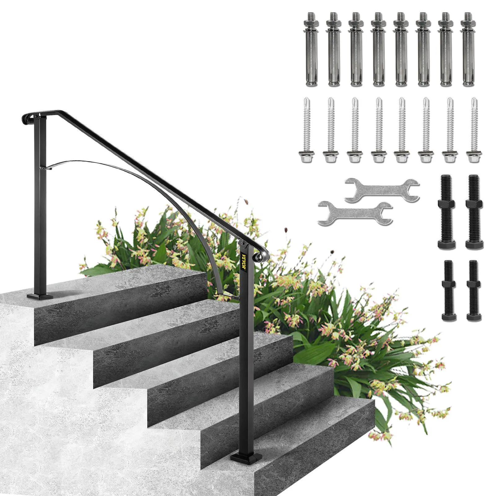 【toolupgrade】VEVOR Residential Wrought Iron Garden Handrails - Metal Arch#4 with Curly Side, Balance Aid, Flexible for 4-5 Outdoor Steps, Max 32" Porch Railing for Concrete/Wooden Stairs, Black Transitional Design, Balcony Use, Includes 2 x M6 Bolts