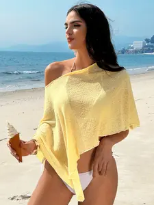 Summer Pool Party Beach Vacation Solid Color Knit Cover Up, Swimwear Cover Up, Swimsuit Cover Up, Summer Swimming Cover, Irregular Hem Fashion Casual Top, Loose-Fitting Plain Style
