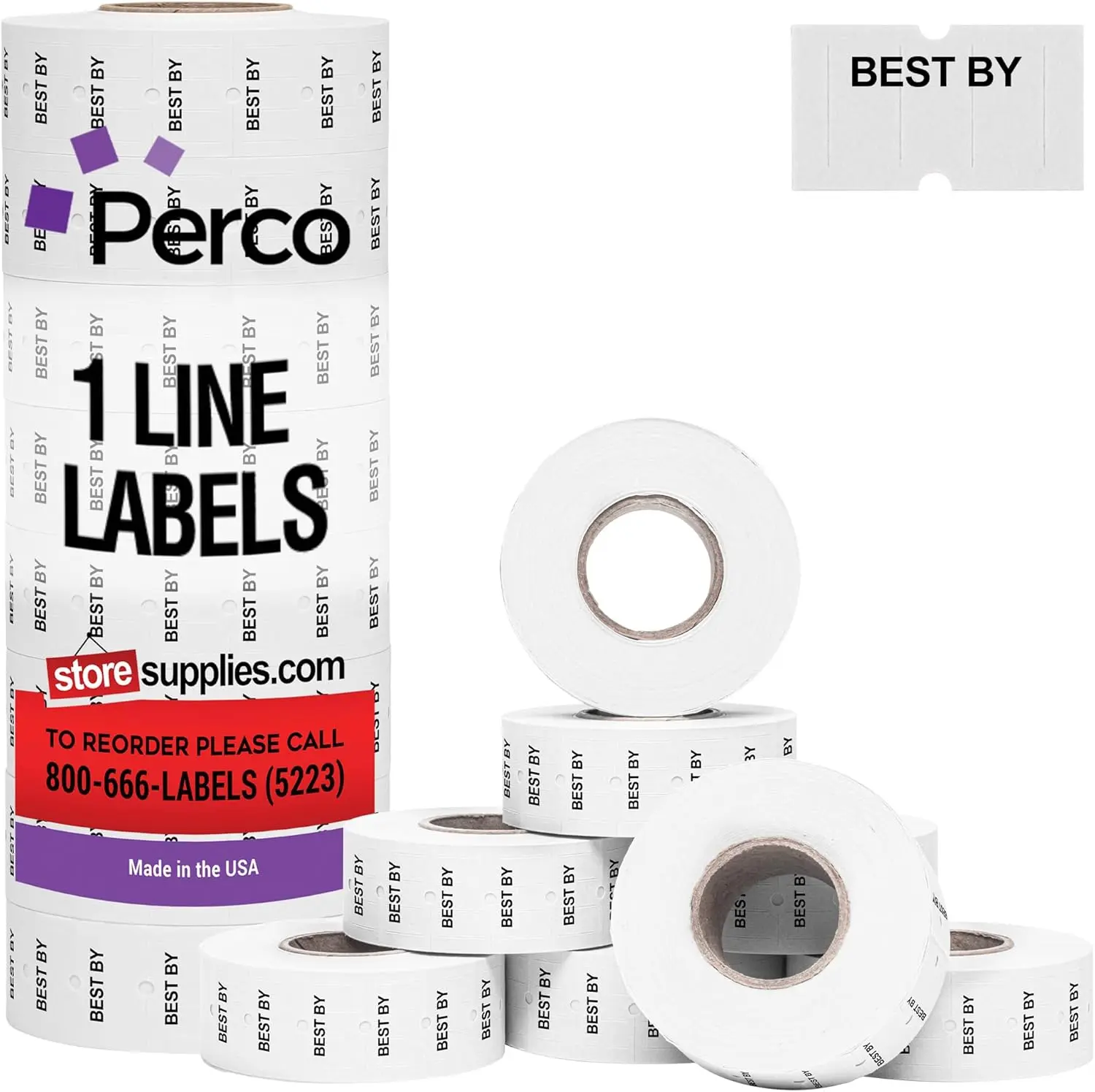Perco 1 Line Best By Labels - 8,000 blank labels, 8 Rolls, 1 Sleeve - Pre-Printed Best By Date Gun Labels for Perco Lite, X, Plus and Pro 1 Line Date Guns - Made in USA