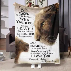 Comfortable Flannel Throw Blanket, Lion Theme Blessing Design, Digital Print, Ideal Gift for Son, Mom, Love, Forever, Living Room Bedroom Sofa Camping, Lightweight Cozy Blanket