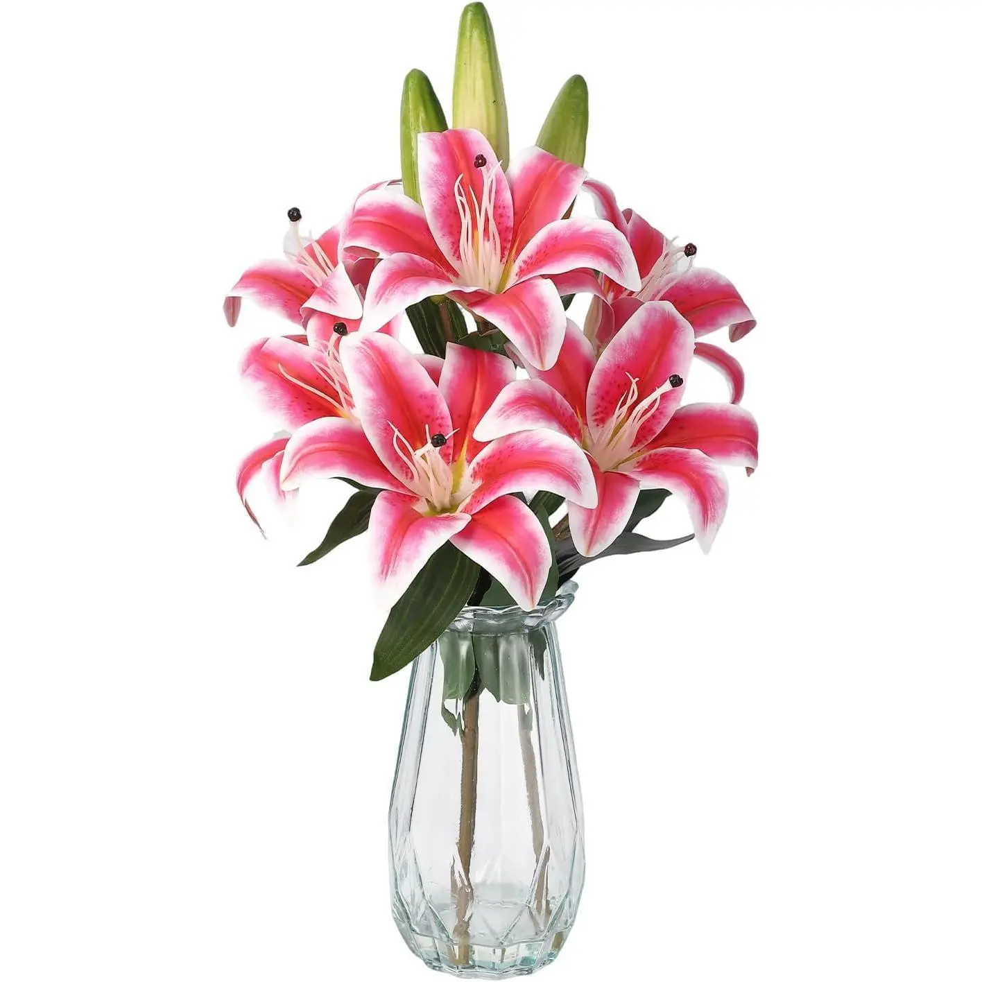 Gaomon 3-Stem Artificial Tiger Lily Flower Set with Vase, Real-Touch Rose Red Full Bloom (6 Flowers), Fade-Proof UV-Resistant, Indoor/Outdoor Home Table Centerpiece Wedding Gift, Three-Stem