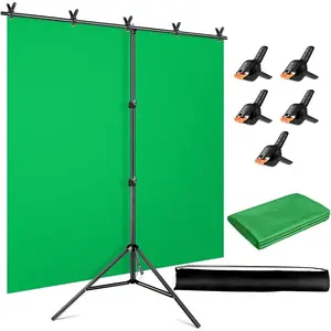 Green Screen Backdrop with Stand Kit, 5 x 6.5 ft Portable Chromakey Green Screen Stand kit with T-Shaped Stand & Carrying Bag & 5 Clamps, Greenscreen Background with Stand for Streaming, Gaming, Zoom