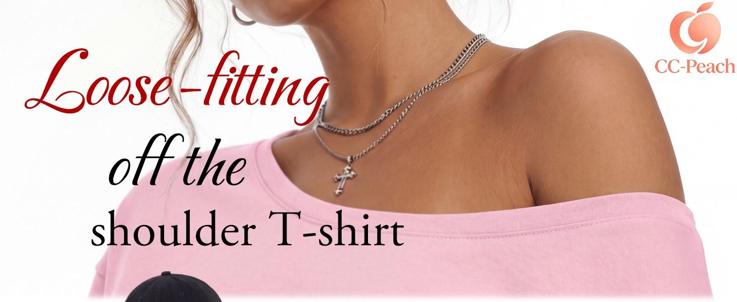 【Limited Time deal】【Fast Shipping】 Women's Solid Color Off-Shoulder T-Shirt - Loose Fit Tee Top,Casual Basic Tees Short Sleeve T-shirt for Daily Wear,Ladies Clothes for All Seasons,CC-Peach Women swear Womens Off Shoulder Tops T-Shirts 2026