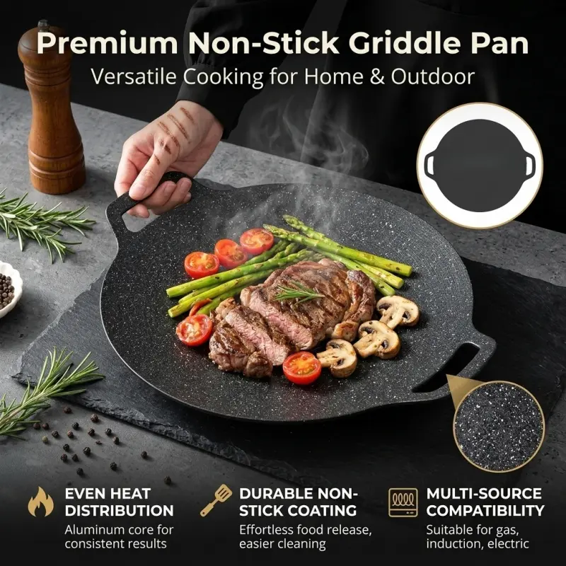 Non-stick baking pan, round flat-topped baking pan with handle, multi-functional cookware suitable for Korean BBQ, teppanyaki and outdoor camping.