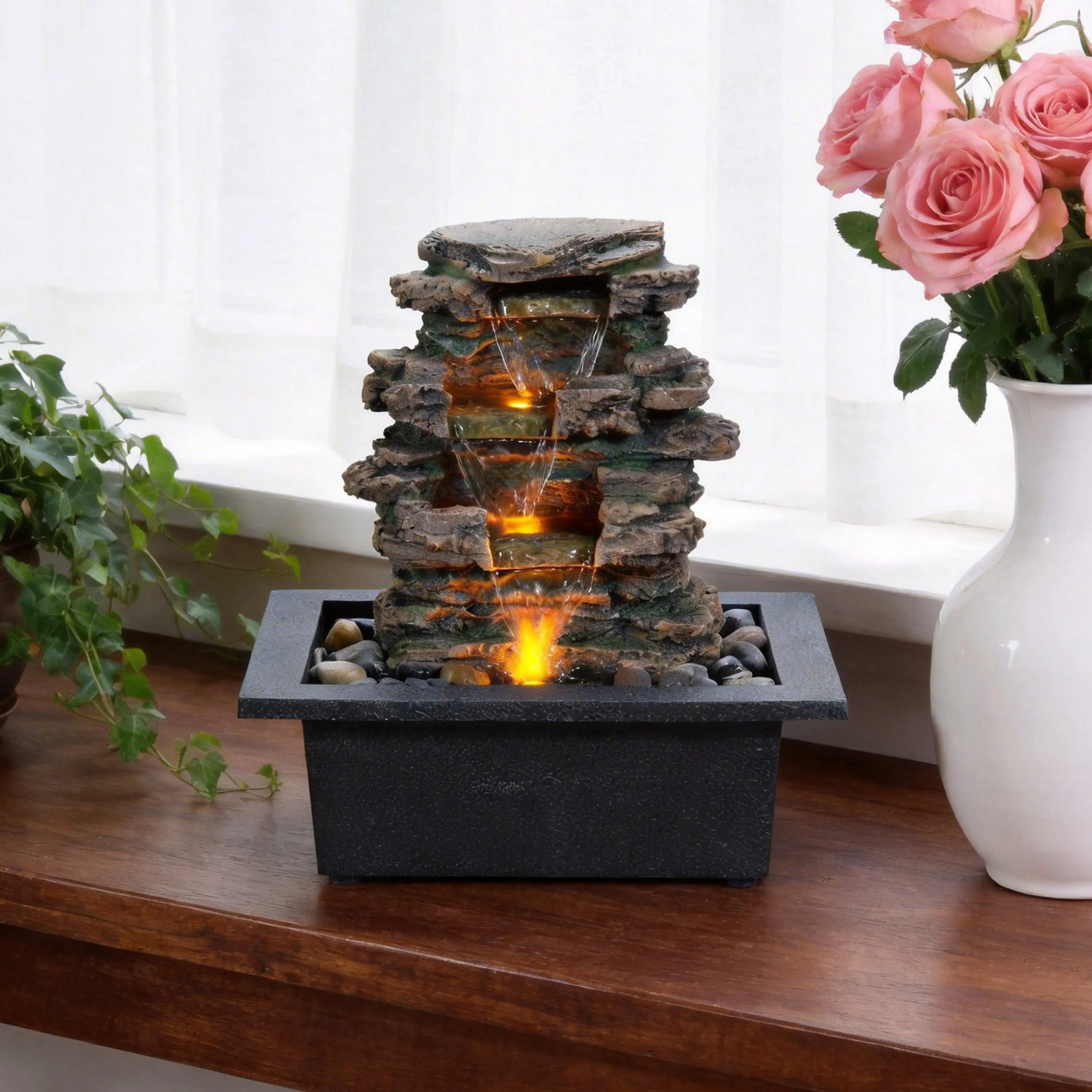 Artistic Resin Tabletop Flowing Ornament with Automatic Circulation Pump, Deep Water Reservoir, Natural River Stones – Stress-Relieving Zen Decor for Bedrooms, Living Rooms