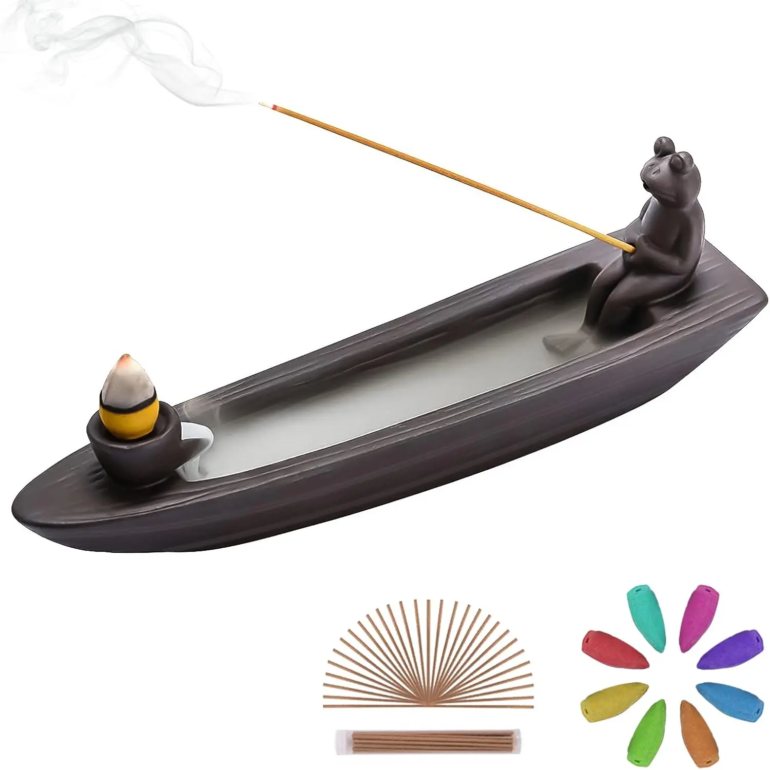 Frog Incense Burner Waterfall - Ceramic Cone-Shaped Backflow Incense Burner, Backflow Aromatherapy Diffuser, comes with 45 incense sticks and 12 incense cones, frog decoration, suitable for aromatherapy/yoga/home decor