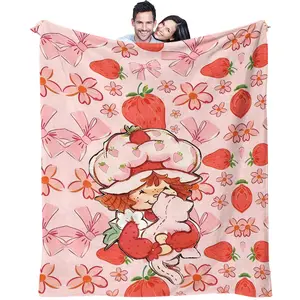 Strawberry Shortcake Throw Blanket, Cute Character & Strawberry Print, Soft Plush Flannel, Perfect for Sofa, Bed & Kids' Room, Ideal Gift for Fans