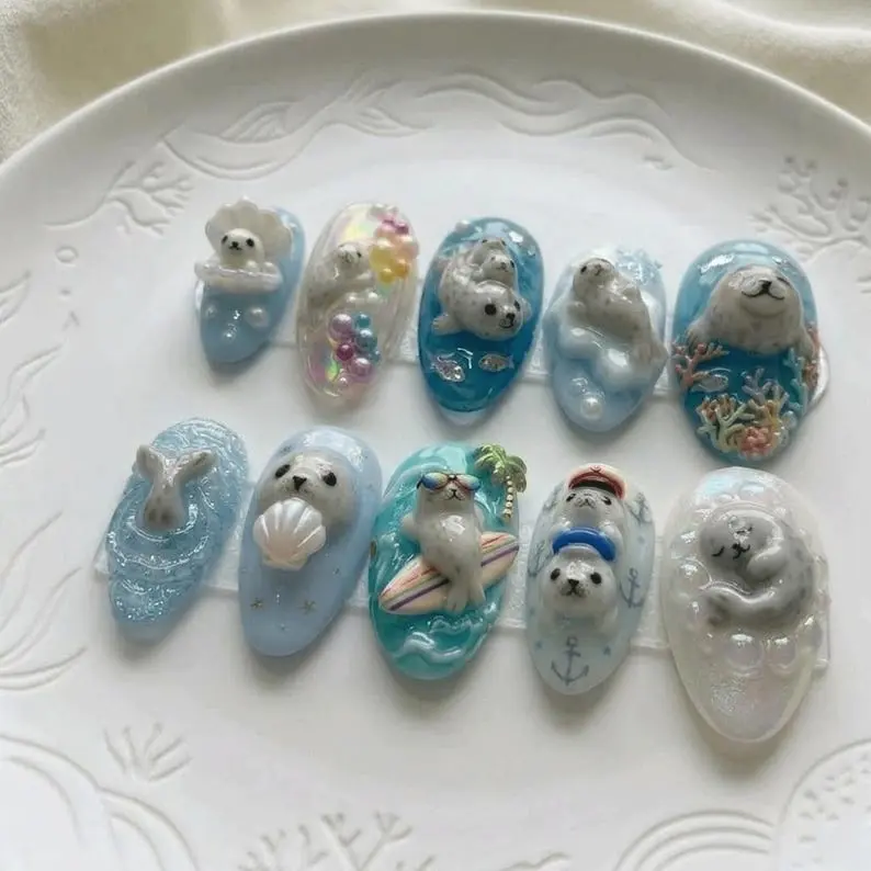 Cute Seal Ocean Press On Nails 3D Sea Animal Shell Surf Nail Art Kawaii Summer Beach