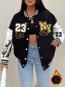 Women's Fall Winter Casual Baseball Jacket Button, New York Letter 23 Number Pattern Colorblock Collar Coat, Long Sleeve Fitted Outerwear Womenswear