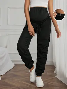 Solid Color Adjustable Waist Jogger - 100% Polyester & Ankle Maternity Casual Pants