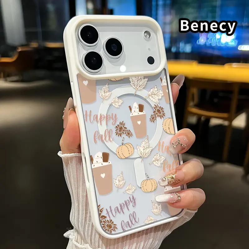 Magnetic Phone Case Supports Wireless Charging for iPhone 17 Pro Max 16 Plus 15 14 13 12 11 Air E Autumn Delight Pattern Anti-Yellowing Shockproof Durable Ultra-Thin Crystal Transparent Acrylic Cover.
