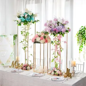 Gold Square Base Acrylic Panel Flower Vase Stand Metal Plant Display Rack Wedding Birthday Party Dining Table Center Decor Modern Event Decoration
