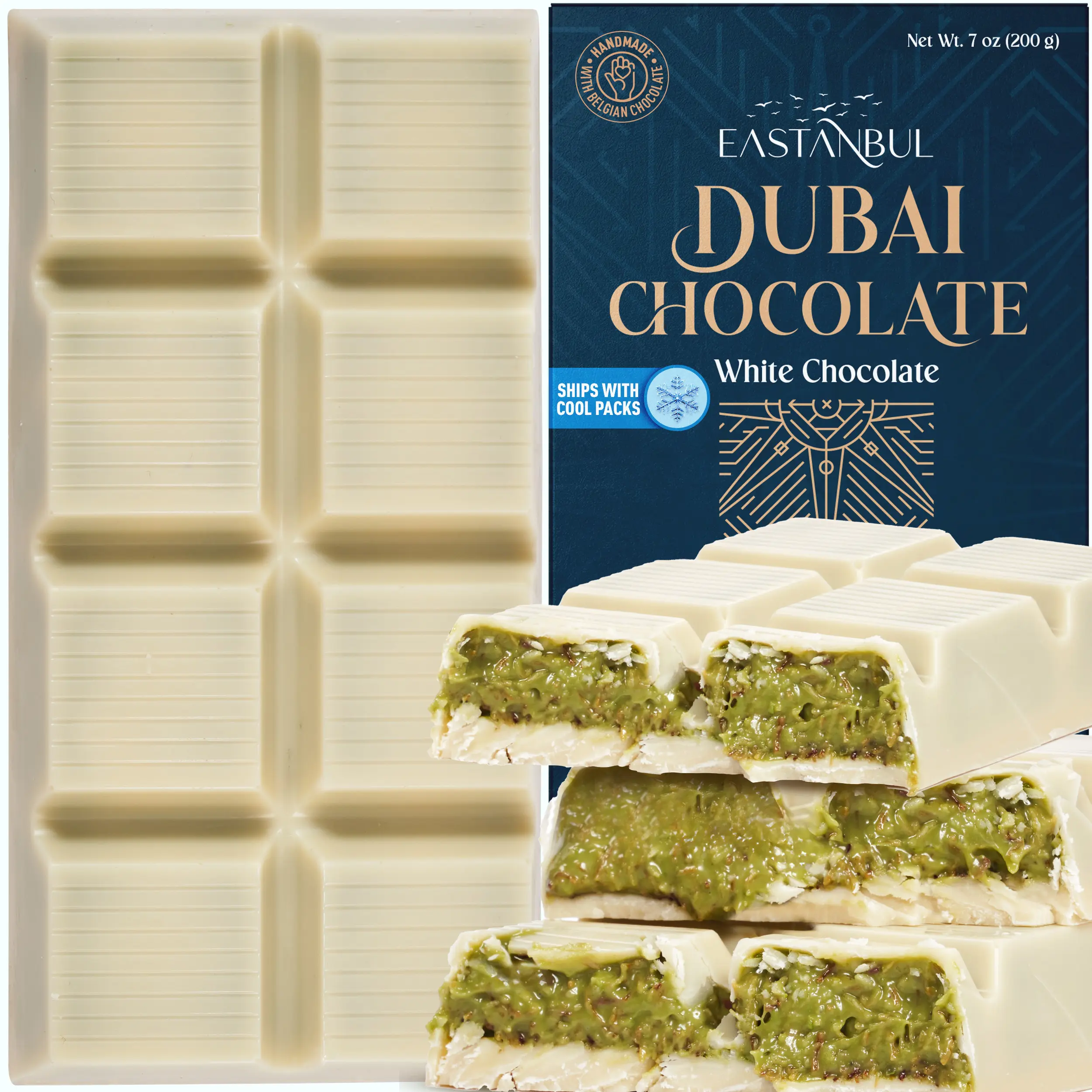 Eastanbul Dubai White Chocolate Bar with Pistachio & Kunafa, 7oz Viral TikTok Chocolate with Phyllo Dough