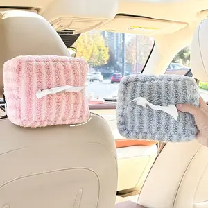 Cute Car Tissue Box Cover Plush Striped Hanging Paper Napkin Holder, Multi-Functional DIY Car Accessories for Women & Girls