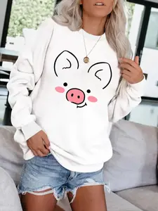 Women's Pig Print Casual Round Neck Sweatshirt, Soft Pullover, Fall & Winter Essential, Comfortable Fabric